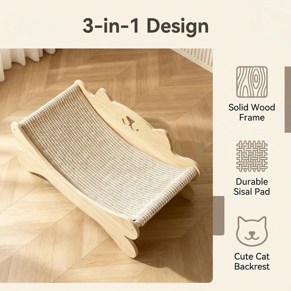2-in-1 Solid Wood Cat Scratcher Bed with Full Sisal Surface