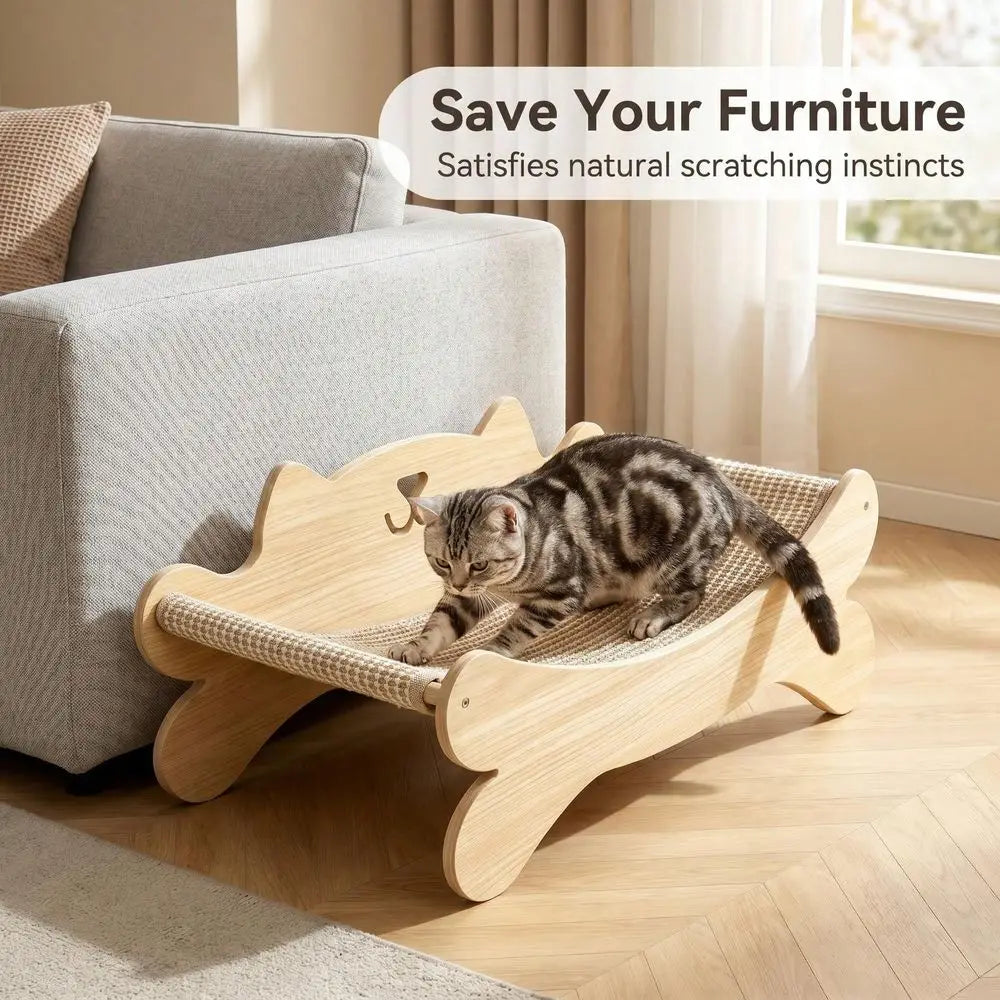 2-in-1 Solid Wood Cat Scratcher Bed with Full Sisal Surface