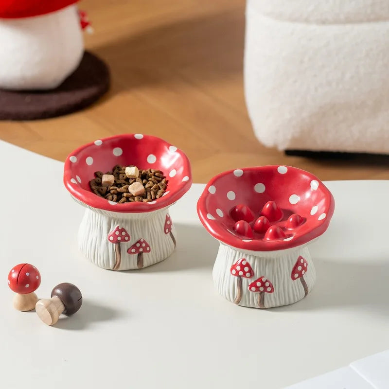Cute Red Mushroom Ceramic Pet Bowl for Dogs and Cats