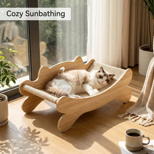 2-in-1 Solid Wood Cat Scratcher Bed with Full Sisal Surface