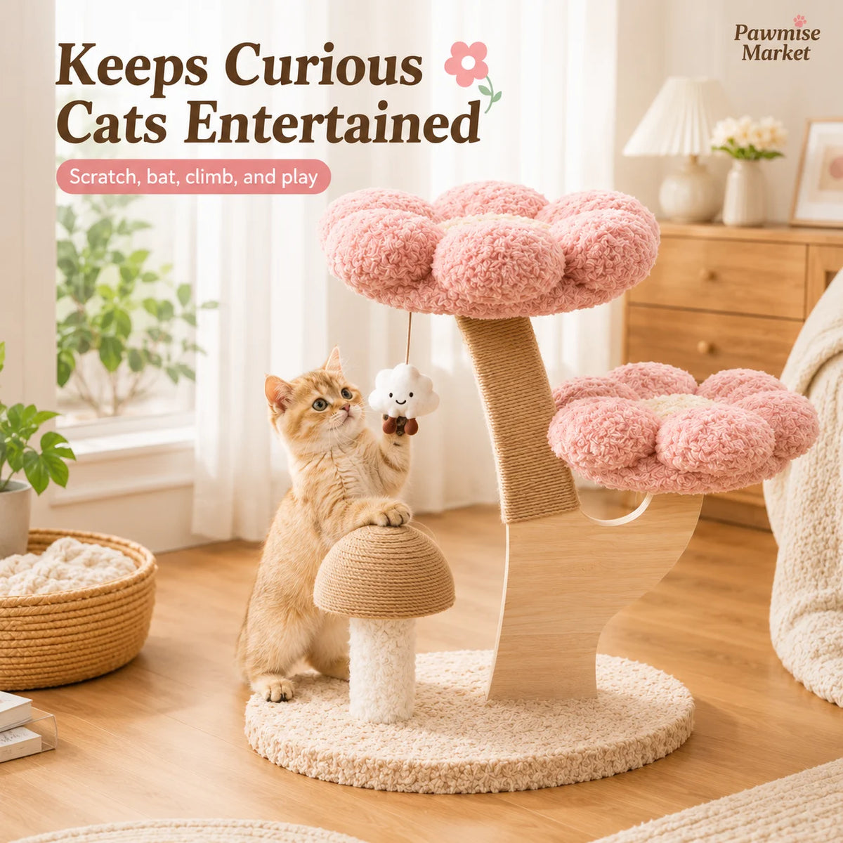 28.35-Inch Flower Cat Tree with Scratching Post and Toys