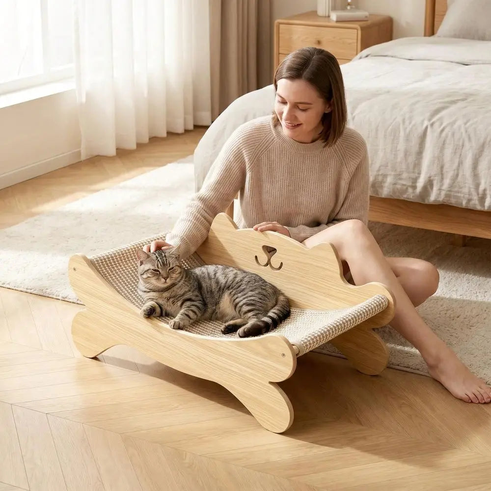 2-in-1 Solid Wood Cat Scratcher Bed with Full Sisal Surface