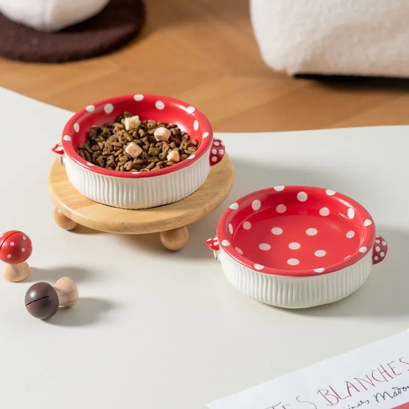 Cute Red Mushroom Ceramic Pet Bowl for Dogs and Cats
