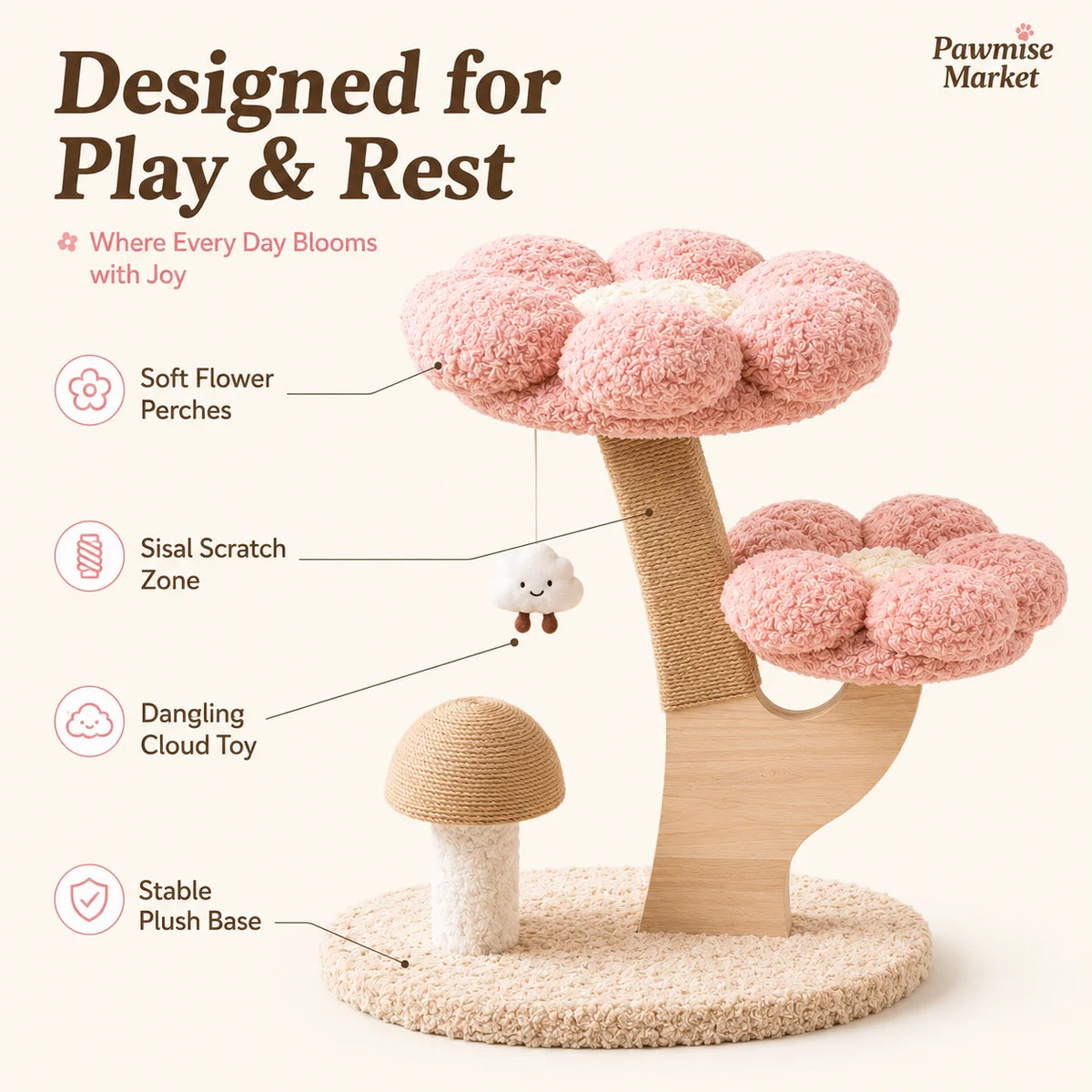 28.35-Inch Flower Cat Tree with Scratching Post and Toys