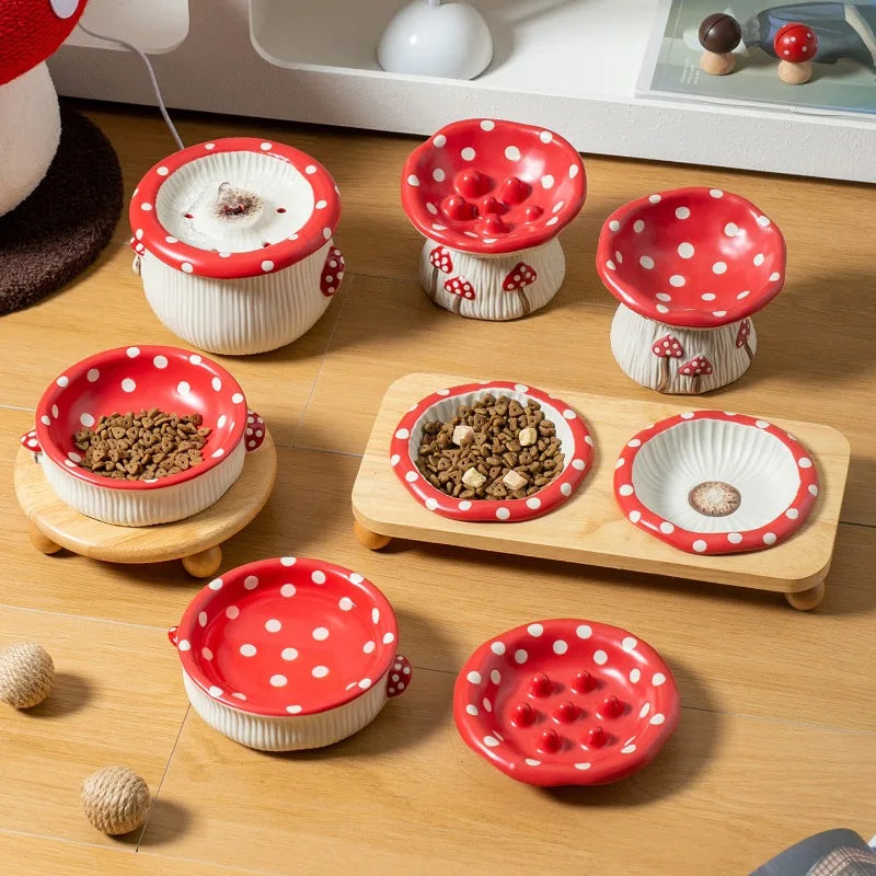 Cute Red Mushroom Ceramic Pet Bowl for Dogs and Cats