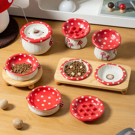 Cute Red Mushroom Ceramic Pet Bowl for Dogs and Cats