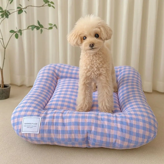 Soft Plaid Dog Bed Pad with Warm Breathable Cushion